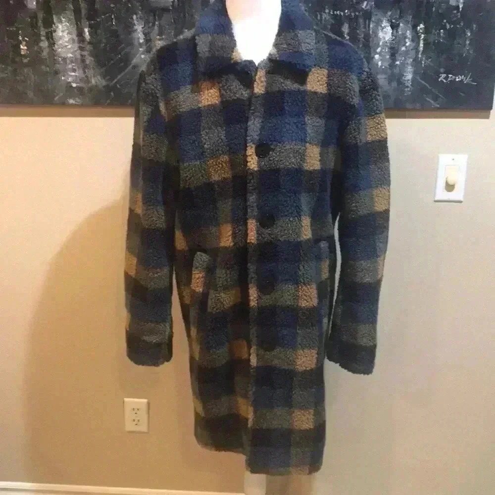 ASOS Faux Sherpa Plaid Button Front 3 Pocket Coat with Collar- XXS